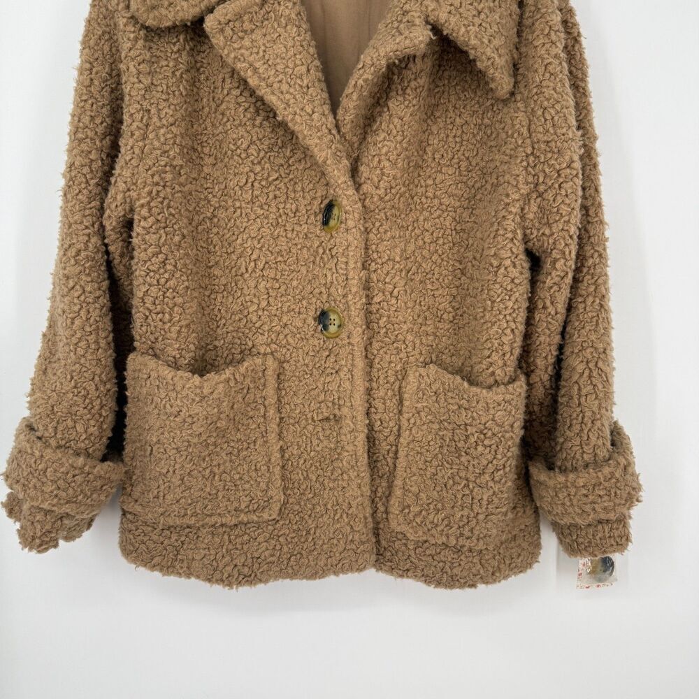 FREE PEOPLE Coat Jacket So Soft Cozy Camel Brown Teddy Sherpa Boho Softgirl Sz L - Picture 3 of 12
